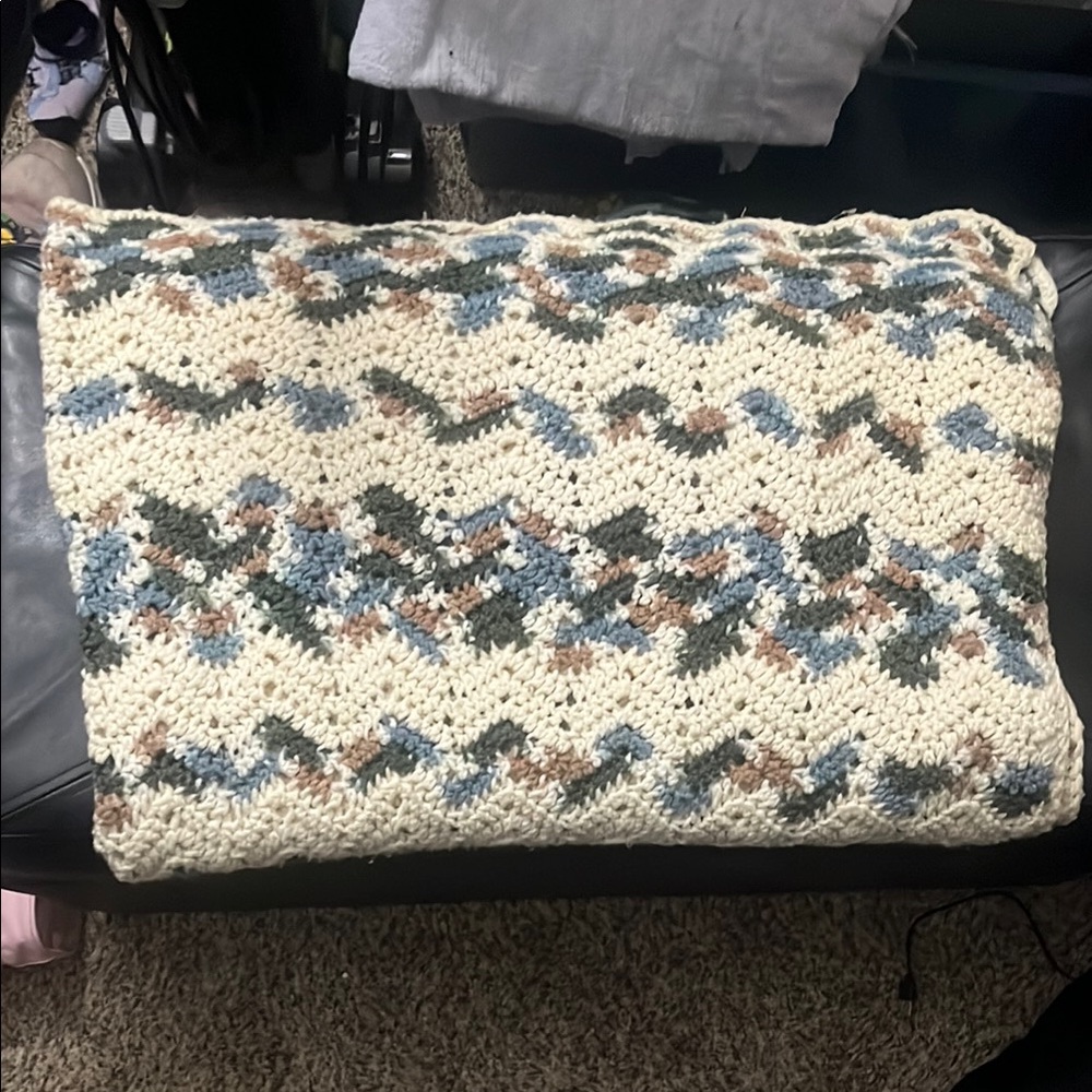 Handmade Crochet Blanket in Cream and Multicolor